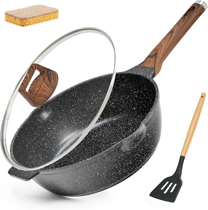 12 Inch Nonstick Deep Frying Pan Skillet with Lid and Spatula, 6 Qt Jumbo Saute Pan with Pour Spout, Non Stick Granite Stir-Fry Chef Wok with Scrub Sponge, Induction Stovetops Compatible