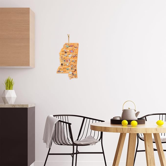 Totally Bamboo Mississippi State Shaped Cutting Board, Art by Fish Kiss | State charcuterie board with colorful hand-drawn map artwork. Smooth reverse side for food prep. Hang tie for wall display.