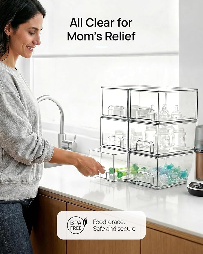 Vtopmart 12 Pack Small Clear Stackable Storage Drawers | Plastic Bins, Bathroom Makeup Organizer, For Vanity, Undersink, Kitchen Cabinets, Pantry, Home Organization
