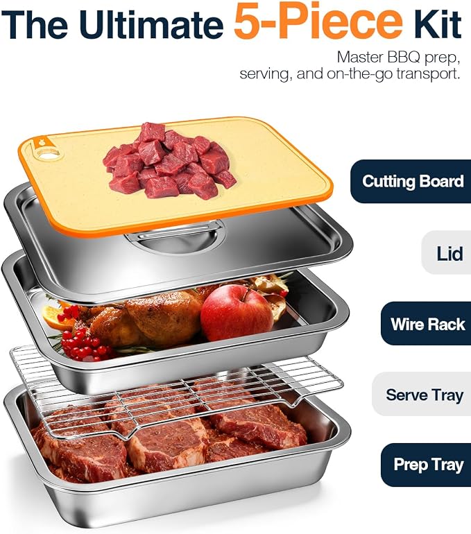 5 in 1 Grill Prep Tray and Carry System, Large Grilling Prep and Serve Trays with Lid and Cutting Board, Deep Meat Marinating Container as BBQ Grilling Gift, Home Series, XL