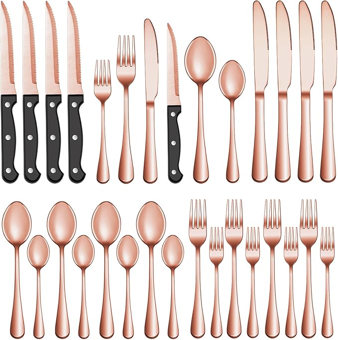 48 Pcs Rose Gold Silverware Set with Steak Knives, Stainless Steel Flatware Cutlery Set for 8, Kitchen Tableware Sets, Utensil Sets for Home and Restaurant, Dishwasher Safe