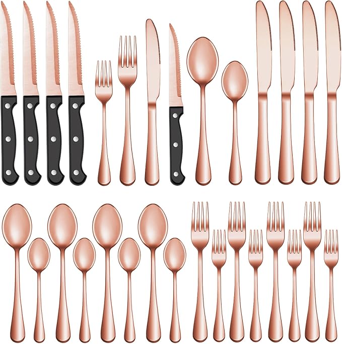 24 Pcs Rose Gold Silverware Set with Steak Knives, Stainless Steel Flatware Cutlery Set for 4, Kitchen Tableware Sets, Utensil Sets for Home and Restaurant, Dishwasher Safe