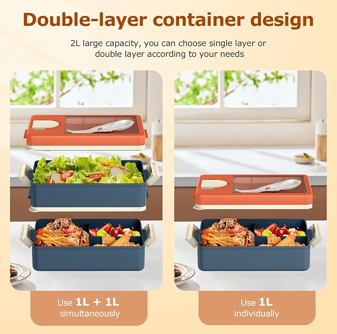 Sitlais Bento Box for Adults, 67oz 2-Layer Stackable Lunch Box with Bag | Leakproof, microwave safe and BPA-free; includes sauce cup and utensils for work, travel, gym and meal prep