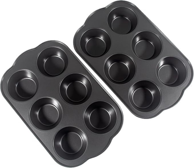 Non-Stick Jumbo 3.5" 6-Cup Muffin Pans, Set of 2(Black) | Carbon Steel, Long Handle for Large Muffin & Cupcakes