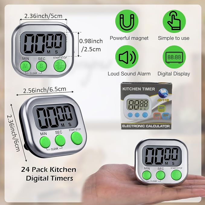 Leumoi 24 Pack Multi-Function Digital Timers with Magnetic Back, Large LCD Display, Loud Alarm, Count up & Countdown, Memory Function for Cooking, Classroom, Study, Exercise & Work(Sliver and Green)