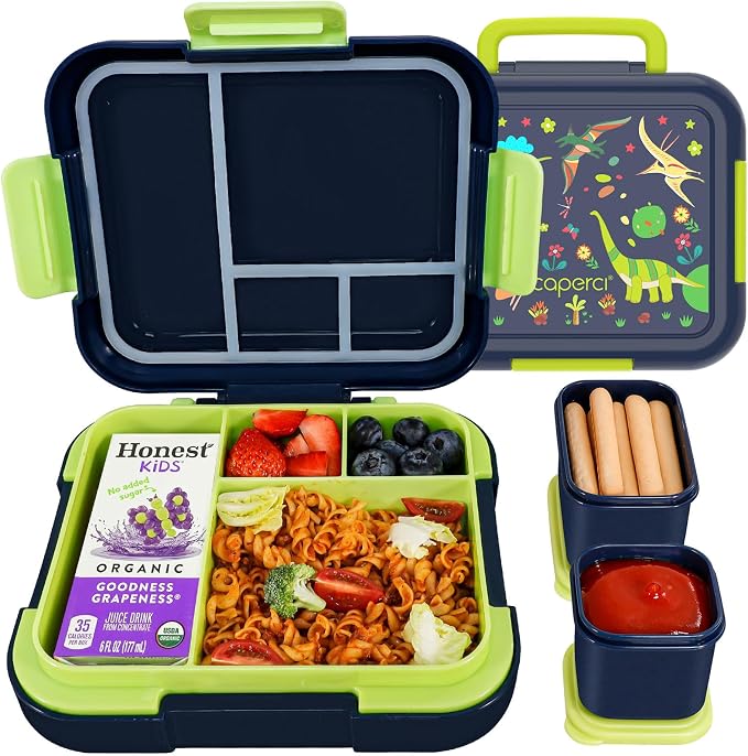 Caperci Bento Box for Kids Age 4-8 - Leak-Proof Toddler Lunch Box Container with 2 Modular Containers & 4-Compartment, Hold 4.8 Cups, Portable Handle, BPA-Free, Microwave/Dishwasher Safe (Dinosaur)