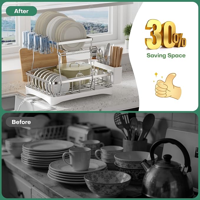 2 Tier Dish Drying Rack,Stainless Steel Dish Rack For Storing Knife Fork Pots&Pans,Dish Drying Rack With Drain Tray For Kitchen Countertops/Sinks,Silver Tiered Dish Rack With Retractable Drain Outlet