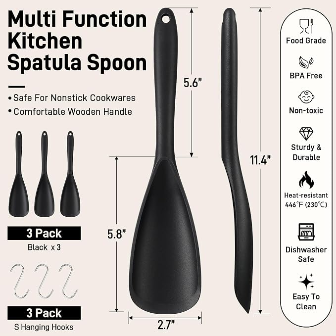 3 PACK Silicone Cooking Spatula & Spoon for Nonstick Cookware | Multifunction Spoonula for Baking, Cooking, Serving, Mixing, Stirring, Scoop, Scrape - One-Piece Formed, Dishwasher Safe