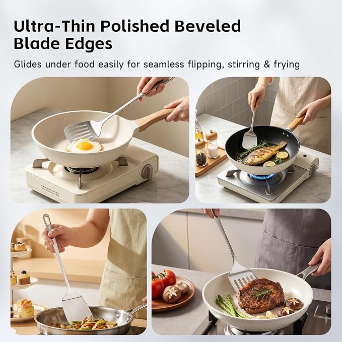 2PCS Stainless Steel Spatula, Solid & Slotted Metal Turner for Kitchen Use | Hanucci Heat Resistant, Dishwasher Safe,Heavy Duty Metal Spatula for Flipping Fish Eggs Pancakes, Everyday Kitchen Cooking