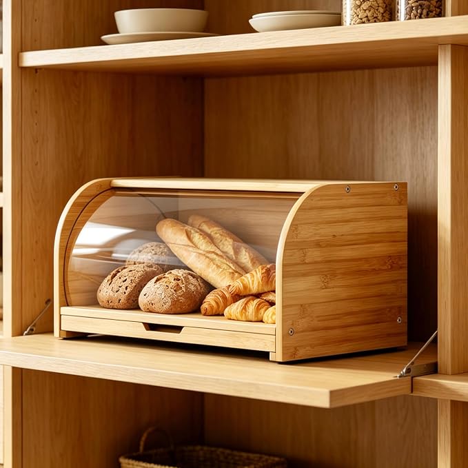 Roll Top Bread Box for Kitchen Countertop with Clear Lid | Natural bamboo, clear roll-top lid. Airtight small breadbox. Includes cutting board. Easy assembly, homemade bread storage