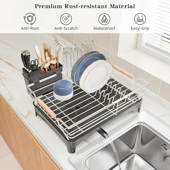 Dish Drying Rack,Space Saving Dish Drainer for Kitchen Counter& Sink,Silver | Rustproof,Riser Feet,Wooden Handle,Cup Holder & Knife Slots,Expandable Spout,Auto-Drainage System,Sink Storage Organizer