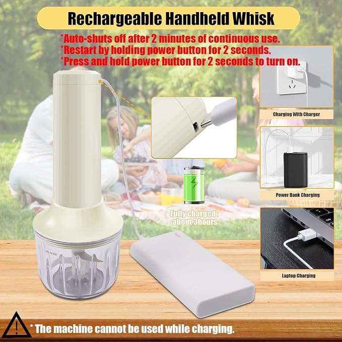 Electric Hand Mixer with Whisk, Handheld Electric Whisk, Hand Blender Set for Mini Food Processor, Rechargeable Cordless Handheld Mixer, Small Food Chopper for Dicing, Mincing, and Puree, 4-Speed,10Oz