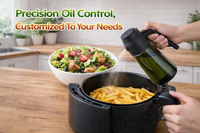 Oil Sprayer for Cooking, 2 in 1, Olive Oil Dispenser Bottle for Kitchen, 16oz/473ml, Premium Dark Green Glass Oil Bottle, Oil Sprayer for Air Fryer, Salad, Frying, BBQ. (Black) (Green)