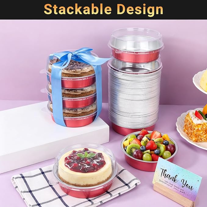 Beasea 7.3oz Disposable Mini Pie Tins with Lids, 20 Pack 215ml Grapefruit Pink Aluminum Baking Cups Foil Pie Tins Small Round Tart Container for Individual Dessert Cupcake Muffin Cheesecake Quiche