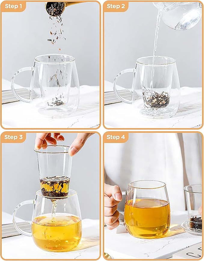 Clear Glass Teacup with Infuser and Lids for Blooming & Loose Leaf, 17oz | Borosilicate, Heat Resistance, Lead-free, Microwave & Dishwasher Safe