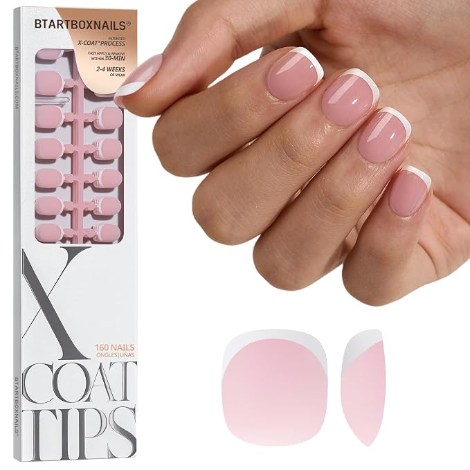 BTArtboxnails XCOATTIPS White French Tip Press On Nails, XXS Squoval, Pink | Lamp-Curable, 4-Week Wear, Natural Nail Look, Salon Quality Value at Home, Easy-to-Apply for Beginners, 160ct Nail Tips Only