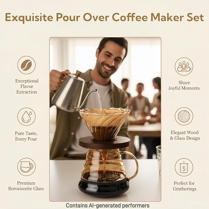 Pour Over Coffee Maker Set 20 oz, 600 ml Borosilicate Glass Coffee Server with Glass Lid, 50 pcs Paper Filter, Walnut Handle Pour Over Coffee Dripper for Home Café Restaurant, Gold