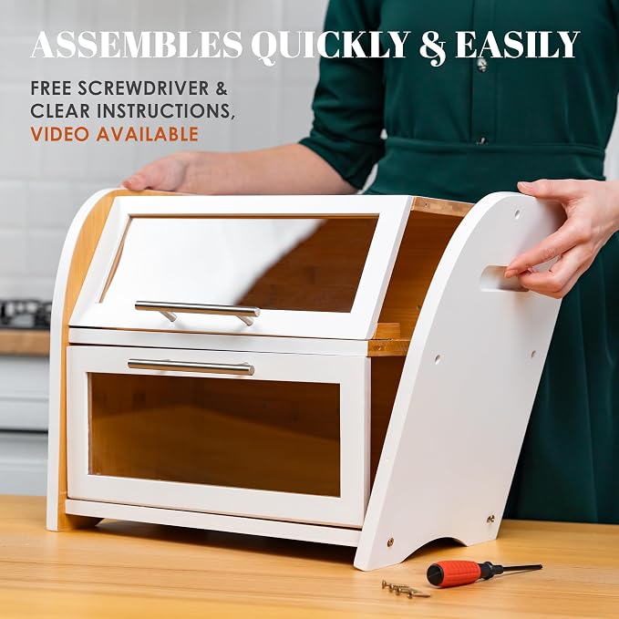 Arise Stylish Bamboo Bread Box for Kitchen Countertop, Extra Large 2-Shelf Wooden Bread Storage Container with Clear Windows and Air Vents Keep Bread, Bagels and Rolls Fresh, Self Assembly | Bread Storage Container with Clear Windows & Air Vents, Bread...