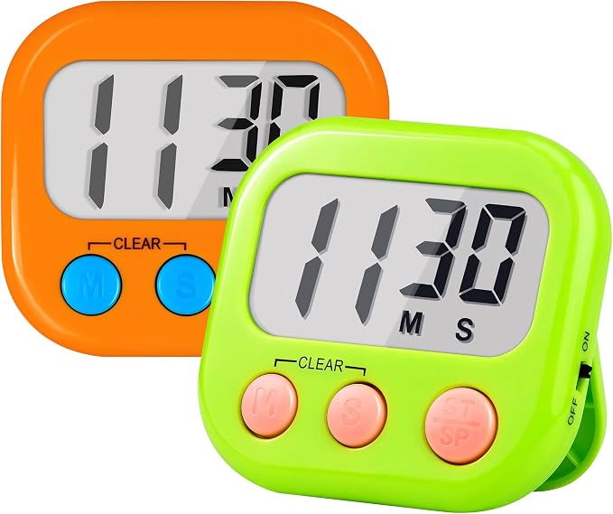 Timer for Kids Digital Kitchen Timers for Cooking- 2 Pack Orange Green | Countdown Timer for Classroom Study Exercise Teacher Supplies, Strong Magnetic, Loud Alarm, Large Screen, Fast Reset, Memory