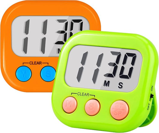 Timer for Kids Digital Kitchen Timers for Cooking- 2 Pack Orange Green | Countdown Timer for Classroom Study Exercise Teacher Supplies, Strong Magnetic, Loud Alarm, Large Screen, Fast Reset, Memory