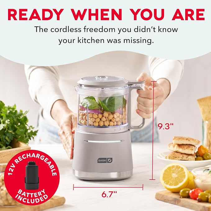 Dash Cordless Food Chopper, 28 oz Ingredient Bowl, French Grey | Electric Vegetable & Onion Chopper, Mini Food Processor for Garlic & Dips, One-Touch & Rechargeable