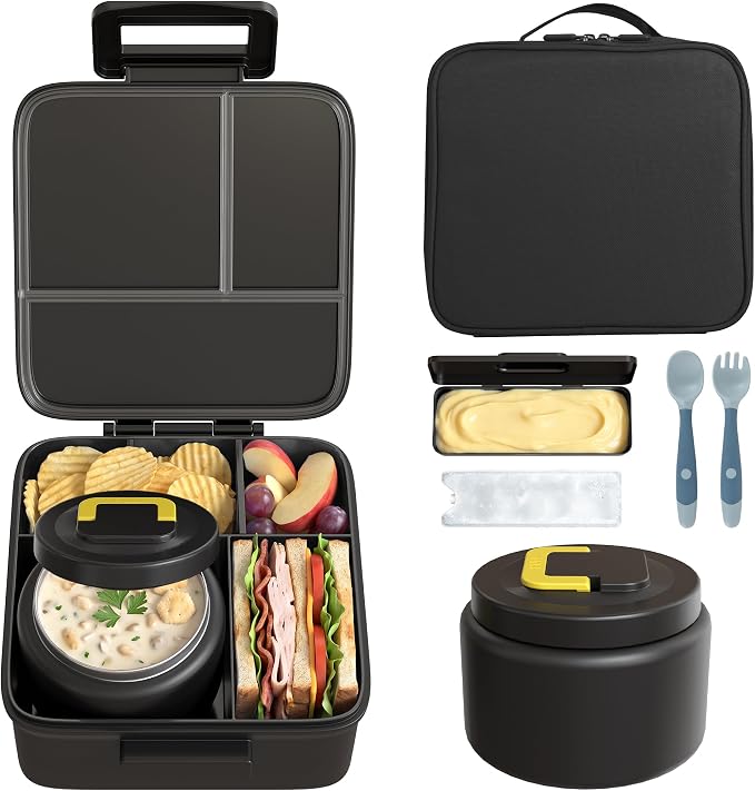 MAISON HUIS Bento Lunch Box with 8oz Soup Thermo and Insulated Lunch Bag, Kids Leakproof Lunch Food Containers with 5 Compartment, Boys Girls Thermo Hot Food Jar for Travel, School, BPA Free (Black)