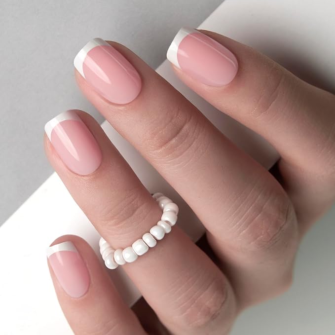 CurvLife Short Square French Tip Press On Nails, Classic, Soft Gel | 32PCS, 16 Sizes, Salon-Quality Natural Fake Nails, Curved Fit, 7-14 Day Glue-On Wear, Reusable Stick-On Nails, Press-On Kit