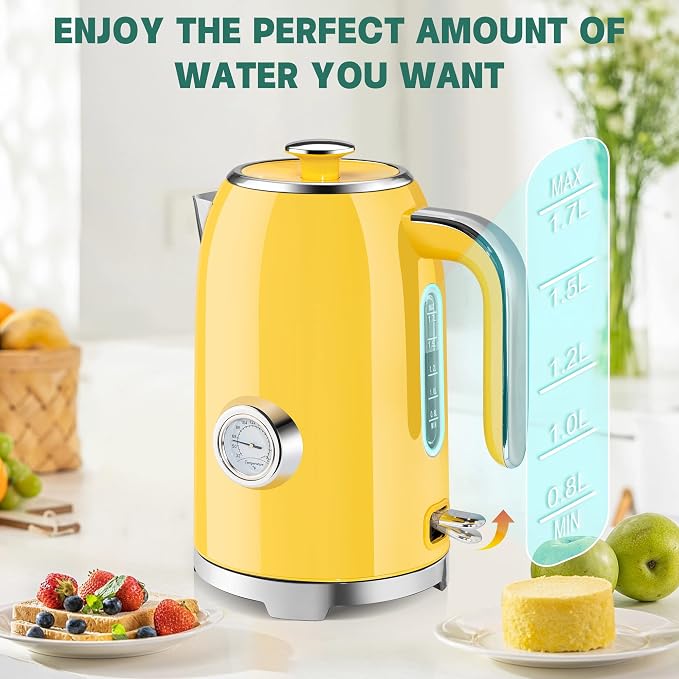 SUSTEAS 57oz Electric Kettle with Thermometer, Hot Water Pot, Retro Yellow | Electric Tea Kettle for Boiling Water, 1500W Stainless Steel Pot, Cordless LED Indicator, Auto Shut-Off & Boil Dry Protection