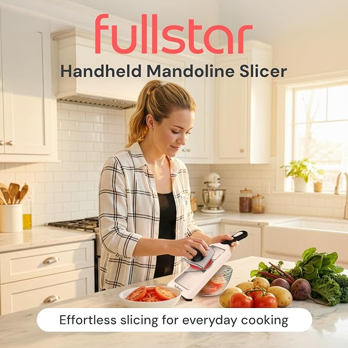 Fullstar - Handheld Mandoline Vegetable Slicer & Julienne Cutter | 2 in 1 Onion, Veggie & Fruit Slicer, 4 Thickness Settings with Stainless Steel Guard for Easy & Safer Slicing (White)