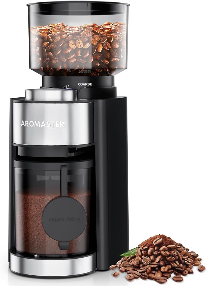 Aromaster Burr Coffee Grinder, 25 Settings, 2-12 Cups, Anti-Static, Black | Stainless Steel, Removable Burr, Brush for Easy Cleaning, Coffee Grinder for Espresso French Press Home Use, Compact, Quiet