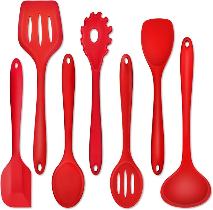 P&P CHEF Red Kitchen Utensils, Silicone Cooking Utensil Set of 7 | Soft Spatula for Nonstick Cookware, Slotted Turner, Soup Ladle, Pasta Server, Spoon for Cooking, Dishwasher Safe & Heat Proof