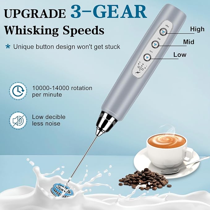 Milk Frother Wand Rechargeable Handheld Whisk Coffee 3 Speed Adjustable | Electric Whisk Drink Mixer with Stainless 3 Whisks Hand Frother , Foam Maker for Latte Cappuccino Matcha Egg Silver