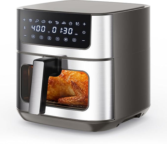 NEWBULIG Air Fryer 6.34QT Airfryer with Visible Window 400℉ Fast Heating Stainless Steel Air Fryers Oven with Nonstick and Dishwasher-Safe Basket 8-in-1 Cooking Preset with Timer Auto-Off