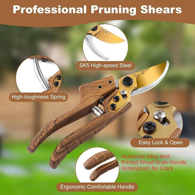 2Pack Garden Pruning Shears Set: Ultra Sharp SK5 Blade Gardening Shears & Precision Garden Scissors,Wood Like&Wide Walnut Ergonomic Handle,Perfect for Plant,Bonsai,Shrub,floral,Branch Trimming