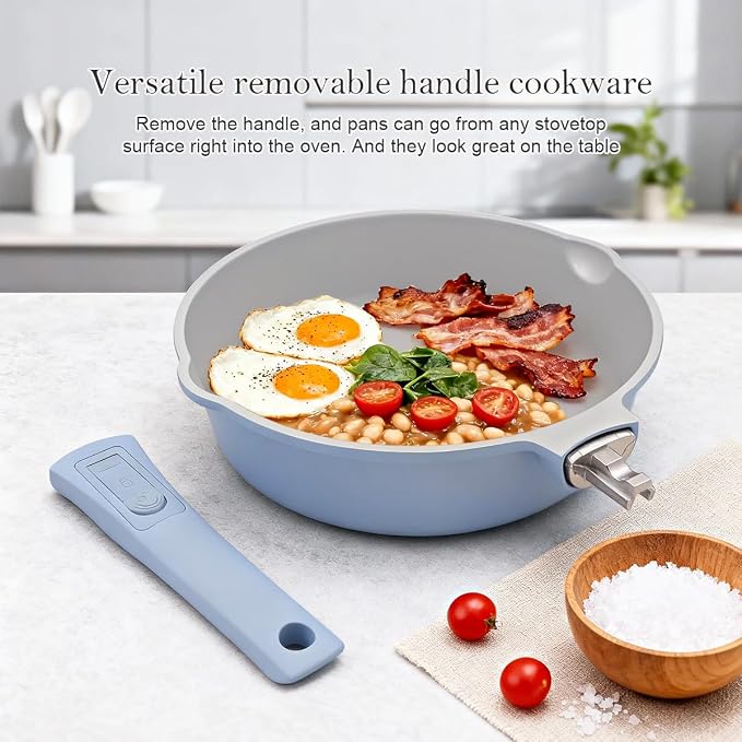 AIKENBBKK 12 Inch Nonstick Deep Frying Pan with Steamer, Ceramic Skillet with Lid, Steamer Pan for Cooking, 5 QT Non Stick Saute Pan with Detachable Handle, PTFE & PFAS-Free, Oven Safe, Blue