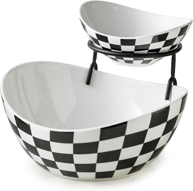 Miamolo Tiered Serving Bowls, Chip and Dip Serving Set, Hosting Essentials | Serving Platters and Tray for Appetizer, with Removable Stand, Party Entertaining, Black White Checkered, Microwave Oven Safe