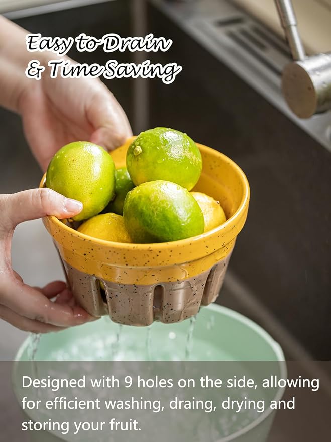 Gomakren Ceramic Berry Bowl Set of 2 Harvest Fruit Basket, Yellow + Brown | Drain Holes Keep Berries Fresh, Stackable, Wash & Serve | 5.8In Round Strawberry Grape Cherry Basket, Farmhouse Kitchen Decor