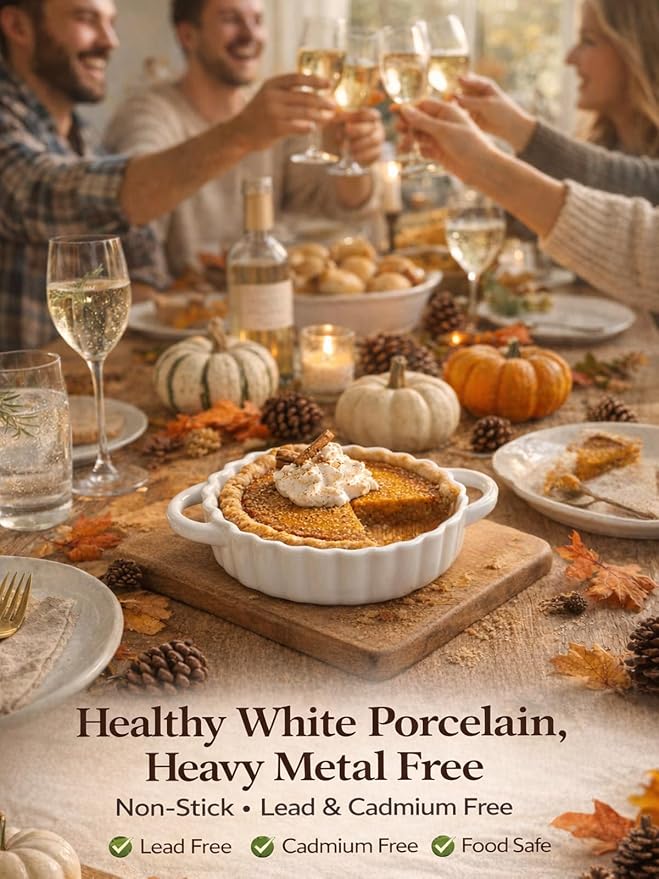 5in Ceramic Mini Pie Pan Set of 6 with Handles for Pie Quiche Tart. Easy to grip, Lead-Free. 8 oz Ramekins Dish for Creme Brulee, Soufflés; Gifts for Baking Enthusiast. Oven Dishwasher Safe