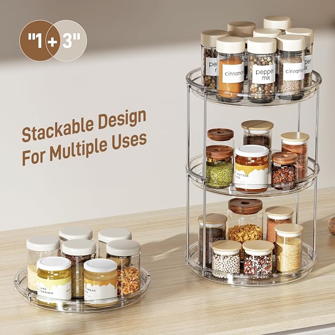 LAMU 2 Pack 2 Tier Lazy Susan Turntable Organizer 9.25'' Rotating Spice Rack Organization for Cabinet, Kitchen, Pantry, Countertop, Bathroom, Vanity, Medicine Cabinet Organizer, Clear