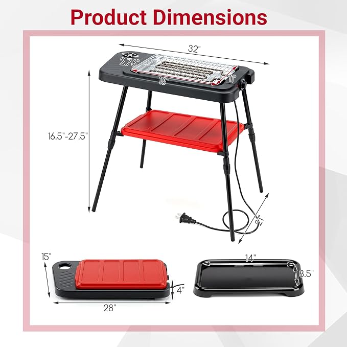 Giantex 2-in-1 Electric Grill and Griddle Indoor Outdoor | Portable Low-Smoke BBQ Grill with Adjustable Stand, Grease Tray, Tabletop or Freestanding, for Picnic Camping Backyard, 1500W