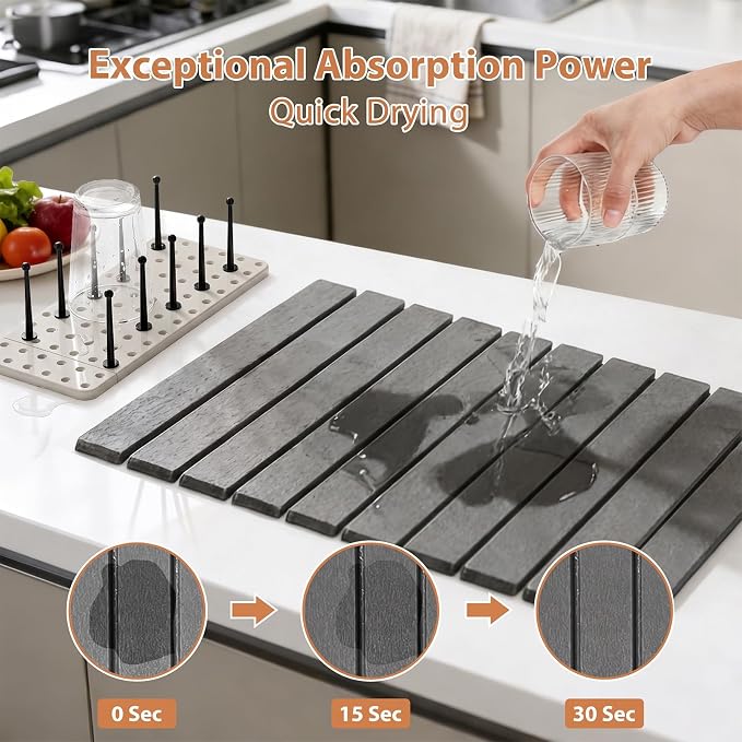 Stone Drying Mat for Kitchen Counter (24”x16”) with Dish Rack | Quick Dry Diatomaceous Earth Dish Mat– Foldable Water Absorbing Drying Organizer Pad for Countertop Plate Bottles Cups(Pure)
