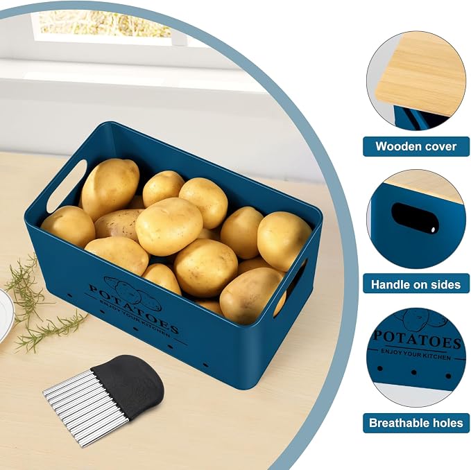 Kitchen Vegetable Storage Set of 3, Metal Onion Garlic Potato Storage Set, Kitchen Canisters Vegetable Keeper Containers with Aerating Holes and Bamboo Lid,Dark Blue