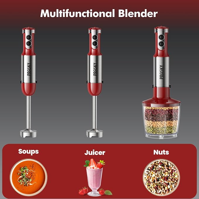 Immersion Blender Handheld 1200W, 20-Speed 5-in-1 Handheld Mixer | 4 Stainless Steel Blades, Milk Frother, Whisk, Beaker, for Smoothies, Protein Shakes, Kitchen Use, BPA-Free, Red