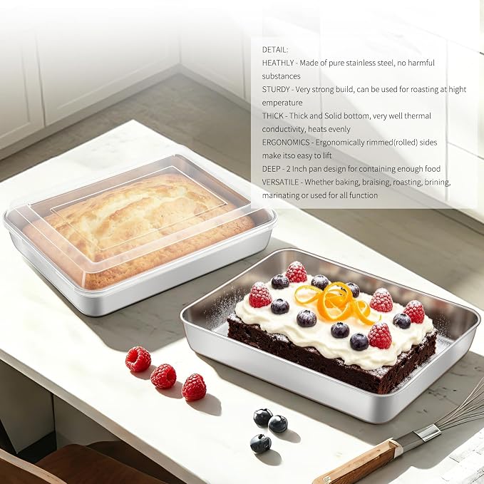 Stainless Steel Baking Pan with Lid, 2-Pack Rectangular Cake Pan Set, Non-Toxic & Heavy Duty Metal Bakeware for Brownie, Lasagna, Casserole, Roasting, Dishwasher Safe