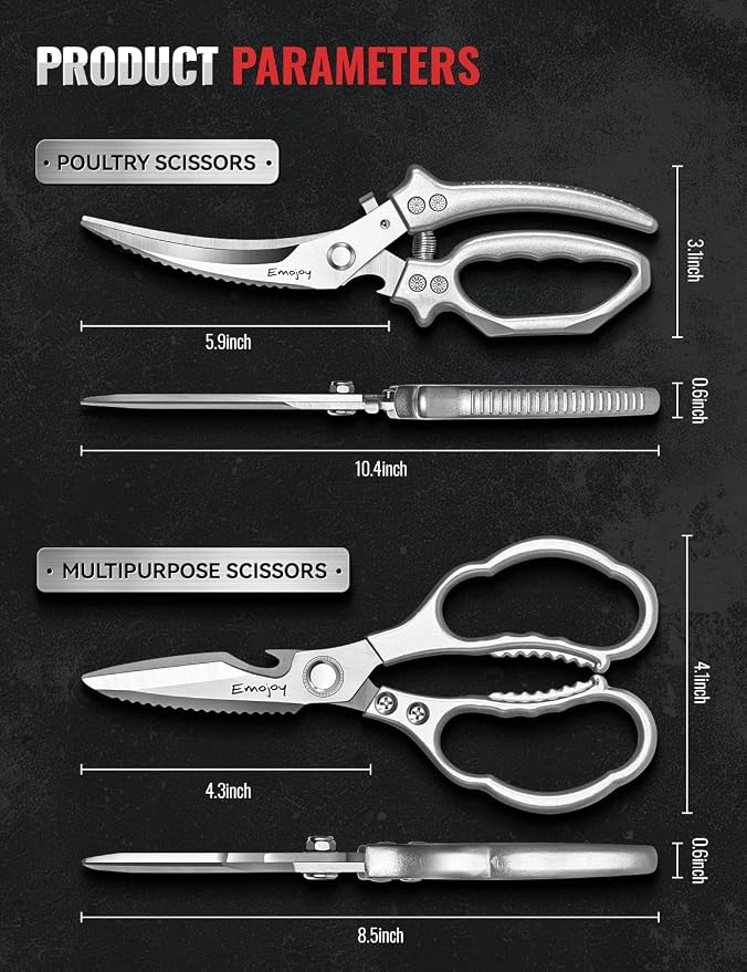 2-Piece Kitchen Scissors Set with Poultry Shears, Japanese Stainless Steel Kitchen Shear, All Purpose Scissor for Food, Chicken Bones, Dishwasher Safe