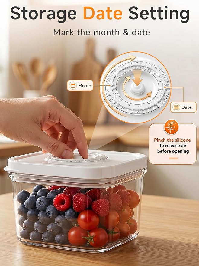 FEPPO Vacuum Sealers Containers for Food Storage, 3 Pcs Set [1* Small, 1* Medium, 1* Large] Works with Handheld Compact Vacuum Sealer Machine for Fridge, Freezer & Pantry, BPA-Free, Date Tracking Lid