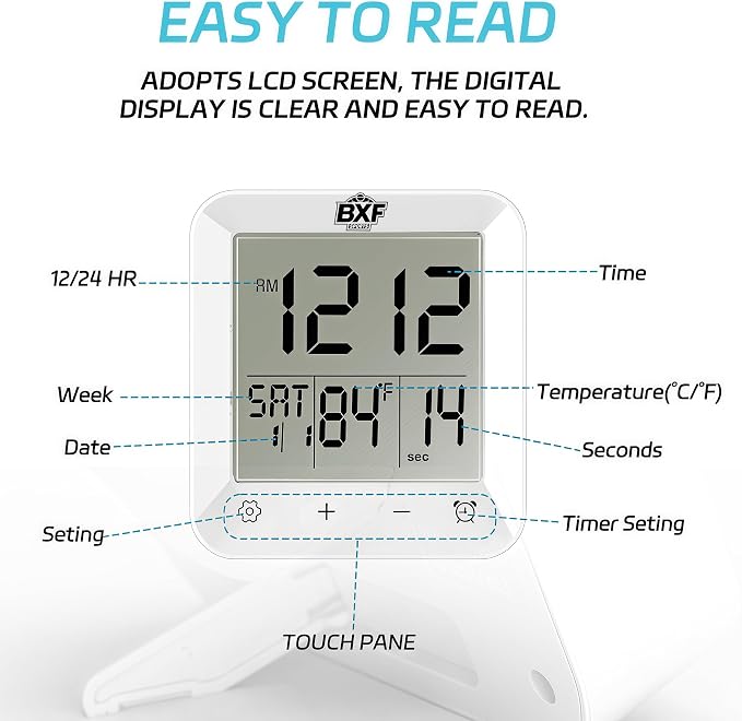 Digital Shower Clock Waterproof,Bathroom Extra Large LCD Screen Wall Clock Timer,Countdown,Moisture Proof,Anti Splash,Display Temperature,Time,Date and Week,Suction Cup,Hanging,Hole Stand