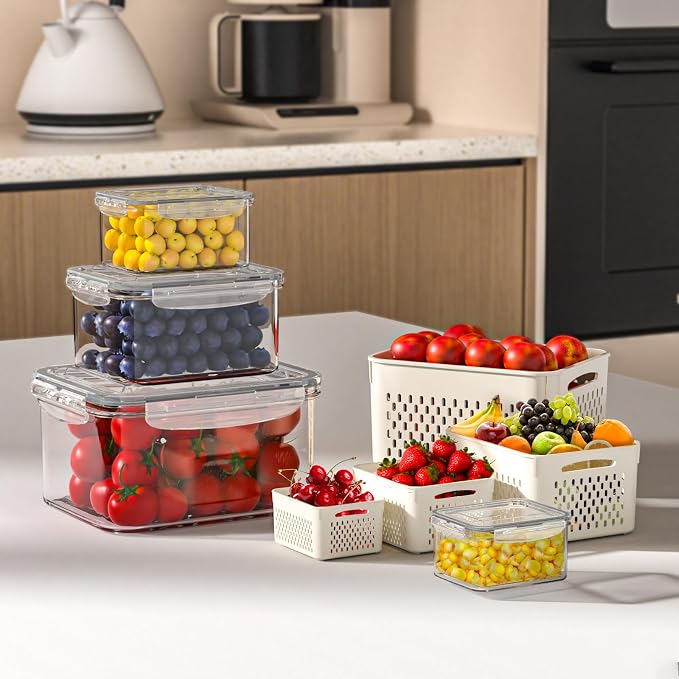 Dayacoco Fruit Storage Containers for Fridge 8 Pcs with Drain Basket | Fridge organizers & storage - 8 fruit containers w/ drain baskets, BPA-free PP, leak-proof seal, stackable, DW/MW safe.