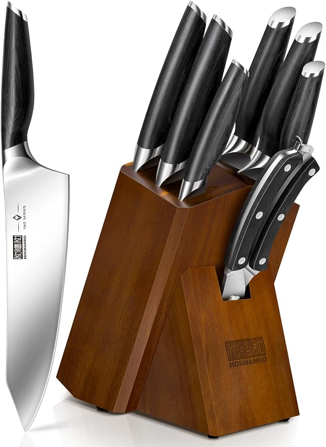 HOSHANHO 8PCS Knife Set, Razor Sharp Japanese Kitchen Knife Set with Block | High Carbon Powder Steel Knife Block Set, Professional Chef Knives Set with Scissors, Ergonomic Pakkawood Handle, Gifts