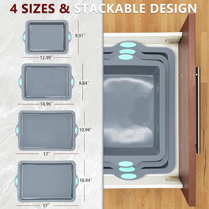 Silicone Baking Pans Set, 4 Pieces Nonstick Bakeware Set with Baking Pans, Baking Sheets, Cookie Sheets, Cake Pan with Metal Reinforced Frame More Strength, Light Grey